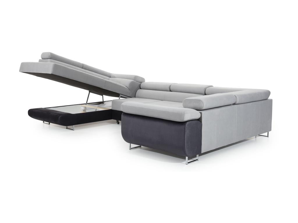 Delimoa 340cm U-shaped left-hand convertible sofa in blue fabric and grey faux leather with storage compartment 42212LPLI