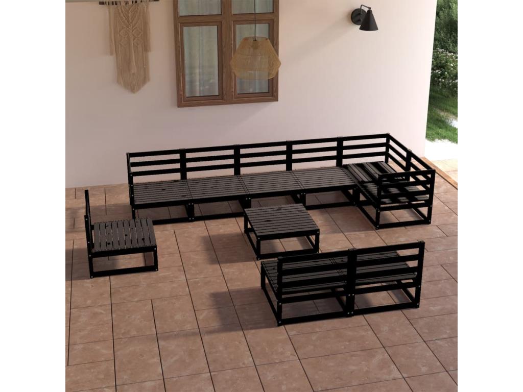 10-piece garden furniture set, black, solid pine wood, 60264OXVE