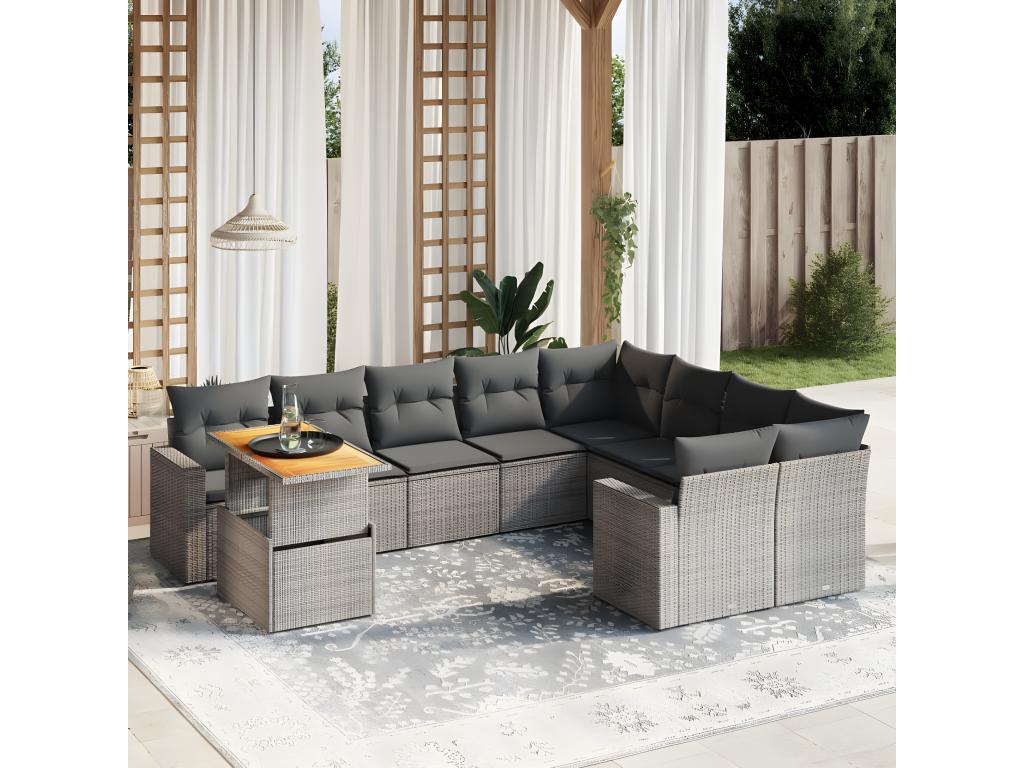 10-piece garden furniture set with cushions, grey woven resin 80286WMXF