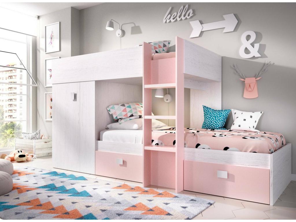 Delimoa Children's Bed Complete Bedroom Set with Wardrobe and Drawers Bunk Bed Composition with Two Single Beds 271x111x150 cm White and Pink 74230GWIY