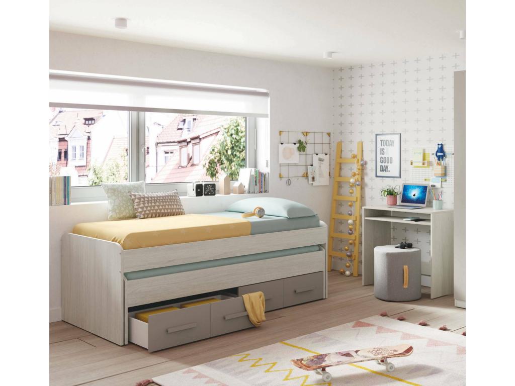 Spokane Single Bed Frame for Bedroom, Single Bed with Pull-Out Bed and 4 Drawers, 198x96x69 cm, White and Brown, 61588JURV