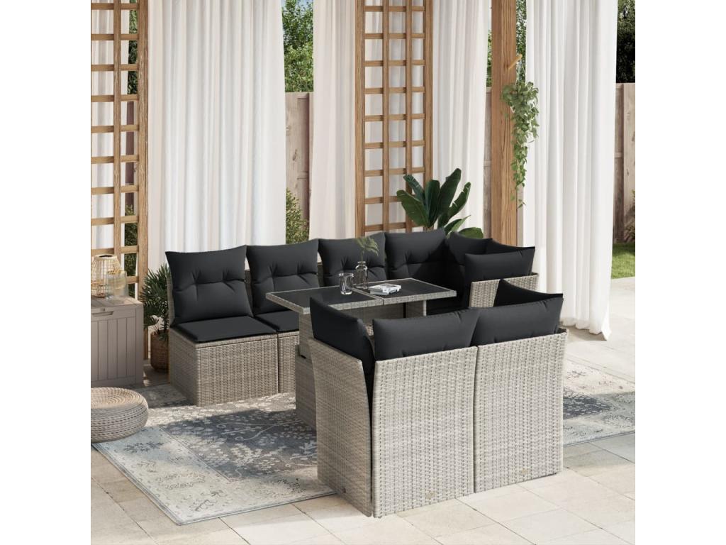 8-piece garden furniture set with light grey cushions, wicker resin 58384ETDW